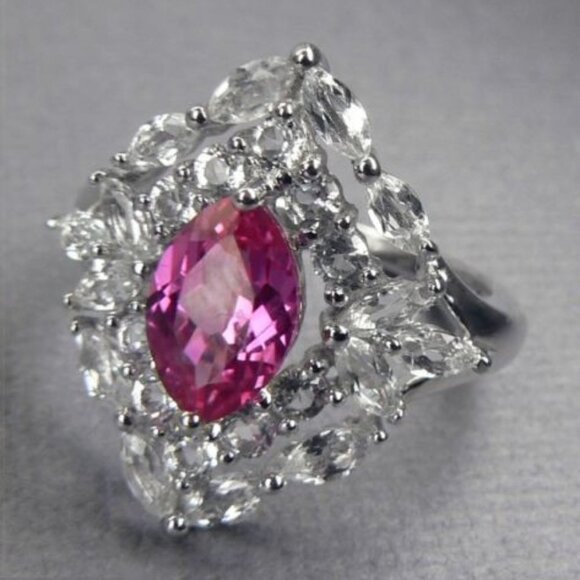 3.20CT Pink Sapphire & White Topaz SILVER Ring 7 - Picture 5 of 8
